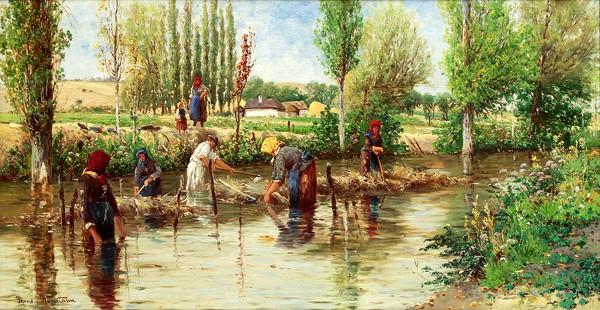Ein altes Gemälde von Frauen, die bis zu den Knien in einem Fluss stehen.